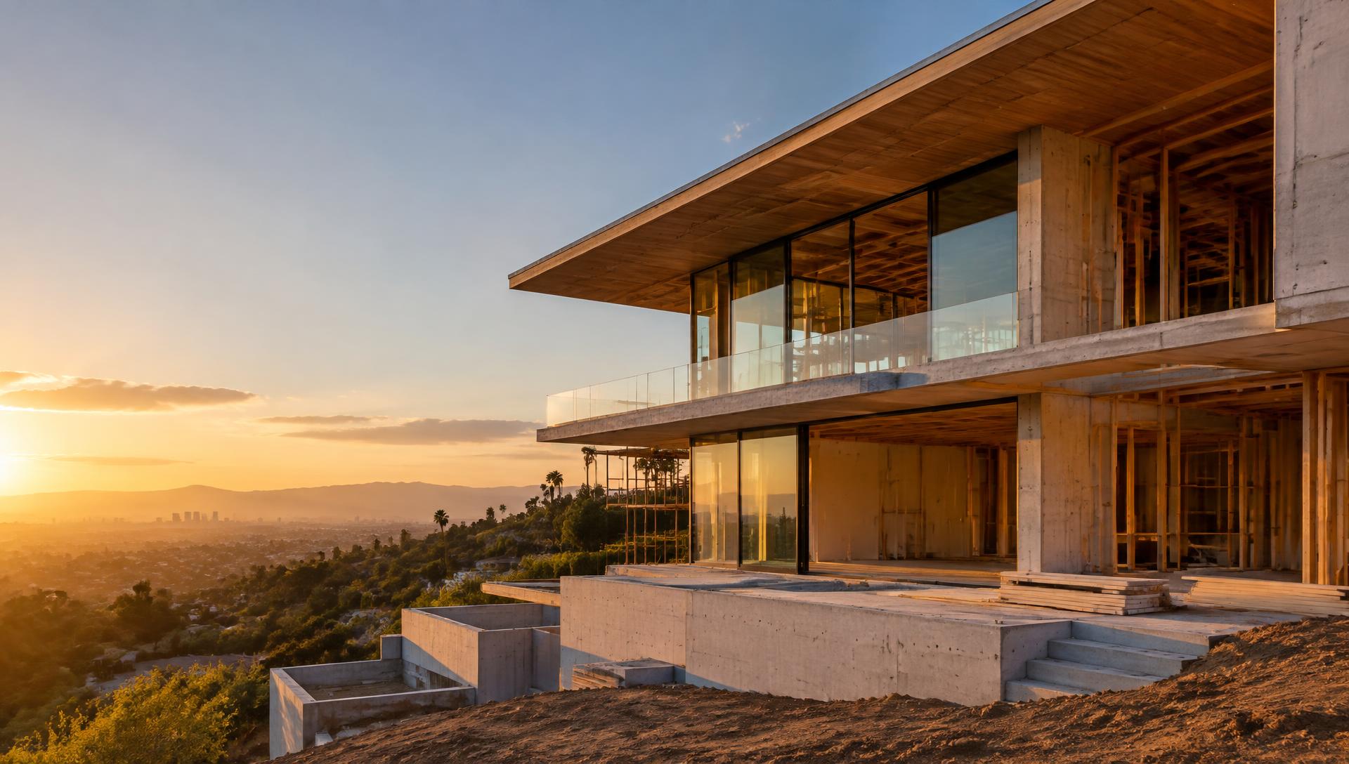 Modern California hillside home under construction at golden hour